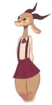  2021 2_horns ambiguous_gender antelope anthro biped blush blush_lines bottomwear bovid brown_body brown_fur chico_(fuel) clothed clothing ear_blush facial_markings fuel_(artist) fur gazelle head_markings hi_res horn mammal markings school_uniform shirt simple_background skirt solo standing suspenders tan_body tan_fur topwear uniform white_background 