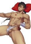  1boy abs bara black_hair blind blonde_hair drooling erection facial_hair feet_out_of_frame fundoshi fundoshi_aside highres japanese_clothes large_penis long_hair lying magatama magatama_necklace male_focus multicolored_hair muscular muscular_male navel ninja_(yzpyn) nipples on_back on_bed original pectorals penis pillow ponytail precum scar scar_on_face sleeping solo spread_legs streaked_hair stubble thick_thighs thighs underwear underwear_only veins veiny_penis wet_dream white_male_underwear yzpyn 