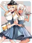  2girls absurdres alcohol alternate_costume apron back-to-back beer beer_mug blonde_hair blouse blue_apron blue_eyes commentary_request commission cowboy_shot cup dirndl dress flower flying_sweatdrops food german_clothes green_eyes hair_flower hair_ornament hat highres iron_cross kantai_collection long_hair looking_at_viewer matching_outfit mug multiple_girls one_eye_closed peaked_cap pinafore_dress pretzel prinz_eugen_(kantai_collection) puffy_short_sleeves puffy_sleeves ro-500_(kantai_collection) sausage short_sleeves skeb_commission tan toriniku_senshi_chikinman twintails underbust waist_apron waitress 