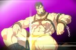  1boy abs absurdres ass_visible_through_thighs bara bare_pecs blush brown_hair bulge chain chest_harness collar cuffs facial_hair flaming_eye goatee handcuffs harness hercules_(tokyo_houkago_summoners) highres kill_la_kill kito_(clamp5656) loincloth looking_at_viewer male_focus metal_collar muscular muscular_male navel nipples pectorals revealing_clothes short_hair sideburns solo sparkle spread_legs thick_thighs thighs tokyo_houkago_summoners 
