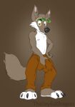  anthro bulge canid canine canis clothing coyote feet genital_outline hat headgear headwear hi_res male mammal paws penis_outline solo thejoyfuldragon yotiecoyote 