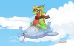  16:10 2020 aircraft airplane anthro blonde_hair cloud dracaris dragon eyewear flying goggles green_body green_scales grey_horn grey_spikes hair hi_res horn male multicolored_body multicolored_scales propeller red_body red_scales redponei scales scalie scarf signature sky solo spikes two_tone_body two_tone_scales widescreen yellow_eyes 