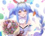  1girl :d absurdres amefukura_art animal_ear_fluff animal_ears balloon bangs birthday blue_hair blue_ribbon blush bouquet bow bra braid breasts bunny_ears carrot_hair_ornament cleavage commentary_request detached_sleeves don-chan_(usada_pekora) dress eyebrows_behind_hair flower food_themed_hair_ornament hair_between_eyes hair_bow hair_ornament happy_birthday highres holding holding_bouquet hololive long_hair looking_at_viewer multicolored_hair open_mouth puffy_short_sleeves puffy_sleeves red_flower ribbon rose short_sleeves sidelocks silver_hair simple_background small_breasts smile solo tiara twin_braids twintails two-tone_hair underwear upper_body usada_pekora virtual_youtuber white_background white_bow white_dress 