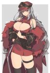  1girl bangs black_legwear blunt_bangs blush breasts character_request cleavage_cutout closed_mouth clothing_cutout detached_sleeves dungeon_and_fighter earrings eyebrows_visible_through_hair frown fur gogoco grey_hair hat highres jewelry large_breasts leg_belt long_hair looking_at_viewer meme_attire open-chest_sweater peaked_cap red_eyes red_headwear red_skirt ribbed_sweater skirt standing sweatdrop sweater thighhighs turtleneck turtleneck_sweater 