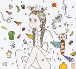  1girl awai880 bare_legs beamed_eighth_notes bird blonde_hair blue_eyes braid candy collared_shirt dice earbuds earphones eighth_note feet_out_of_frame food fruit glasses light_bulb long_hair musical_note original otter paper_airplane pepper petals red_sun shirt shougi_piece signature sleeves_past_fingers sleeves_past_wrists solo strawberry twin_braids very_long_sleeves white_shirt 