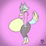  anthro belly big_belly big_breasts big_butt breasts butt canid canine canis clothed clothing digitigrade female hi_res hyper hyper_belly imafetish looking_at_viewer mammal paulette pink_background pregnant pregnant_belly side_view simple_background solo vore watermark wolf 