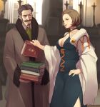  1boy 1girl absurdres bambooale beard black_choker blue_dress blue_eyes book book_stack breasts brown_eyes brown_hair brown_robe choker cleavage closed_mouth coat collared_shirt commentary cowboy_shot dress english_commentary facial_hair fire_emblem fire_emblem:_three_houses fur-trimmed_coat fur_trim goatee green_neckwear hair_slicked_back hand_on_hip hanneman_von_essar highres holding holding_book indoors large_breasts lips looking_at_another looking_at_viewer manuela_casagranda mole mole_under_eye monocle mustache open_clothes open_coat raised_eyebrow shirt short_hair side_slit sideburns smile smirk smug white_shirt wide_sleeves 
