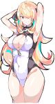  1girl absurdres armpits arms_behind_head blonde_hair breasts cleavage cleavage_cutout clothing_cutout competition_swimsuit covered_navel cowboy_shot cynthia_(pokemon) enpe hair_over_one_eye highres large_breasts long_hair one-piece_swimsuit pokemon simple_background solo swimsuit white_background 