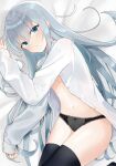  1girl bed_sheet black_legwear black_panties blue_eyes blush buttons closed_mouth evening_rabbit hair_between_eyes hibiki_(kantai_collection) highres kantai_collection long_hair navel open_clothes open_shirt panties shirt silver_hair solo thighhighs underwear white_shirt 