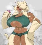  2021 alaska_(gats) animal_humanoid big_breasts blonde_hair blurred_background bodily_fluids breasts cat_humanoid cleavage_cutout clothed clothing duo eyes_always_closed eyes_closed felid felid_humanoid feline feline_humanoid female fur hair hair_over_eye hi_res huge_breasts humanoid krekk0v mammal mammal_humanoid muscular muscular_female one_eye_obstructed solo_focus sweat tagme tan_body tan_skin water_bottle yellow_body yellow_fur 