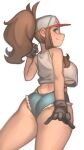  1girl adapted_costume alternate_breast_size ass baseball_cap black_gloves blue_eyes blue_shorts breasts brown_hair crop_top crop_top_overhang cutoffs denim denim_shorts flat_ass freckles from_behind gloves hat high_ponytail highleg highleg_panties highres hilda_(pokemon) holding holding_poke_ball kelvin_hiu large_breasts long_hair looking_at_viewer panties poke_ball poke_ball_(basic) pokemon pokemon_(game) pokemon_bw short_shorts shorts sidelocks smile solo standing tank_top thick_thighs thighs underboob underwear white_background 
