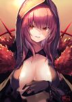  1girl bangs breast_curtains breasts cosplay cu_chulainn_(fate)_(all) cu_chulainn_alter_(fate/grand_order) cu_chulainn_alter_(fate/grand_order)_(cosplay) fate/grand_order fate_(series) fur_collar gloves gradient gradient_background highres hood hood_up large_breasts long_hair looking_at_viewer purple_hair red_eyes scathach_(fate)_(all) scathach_(fate/grand_order) shimotsuki_shio smile spikes 
