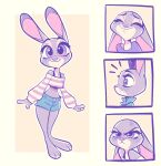  2021 anthro ashley_nichols barefoot bottomwear clothed clothing cross-popping_vein disney female fully_clothed judy_hopps lagomorph leporid looking_at_viewer mammal midriff rabbit shorts simple_background smile solo standing vein zootopia 