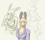  2008 anthro big_breasts biped black_nose blonde_hair blue_eyes bottomwear bra breasts cleavage clothed clothing crossed_arms dress_shirt female frank_westerveldt fur hair kangaroo looking_at_viewer macropod mammal marsupial navel open_mouth pants ritts shirt simple_background sketch solo topless topwear underwear yellow_body yellow_fur 