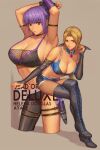  2girls alternate_costume armband armpits arms_up ayane_(doa) blonde_hair blue_eyes boots breasts character_name choker cleavage collarbone commentary_request dead_or_alive dead_or_alive_6 english_text fishnets gloves headband helena_douglas ibanen invisible_chair kunai multiple_girls navel ninja pants purple_hair red_eyes red_hair short_hair shorts sitting smile thigh_strap toned weapon 