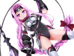  1girl arm_up armor ass_visible_through_thighs black_gloves black_leotard bow braid breastplate cameltoe chain collar covered_navel fate/grand_order fate_(series) gloves hair_bow hair_intakes headband leotard long_braid long_hair low-tied_long_hair medusa_(lancer)_(fate) ponytail purple_eyes purple_hair ribbon rider scythe simple_background solo thigh_strap thighhighs thighs touchuu_kasou very_long_hair weapon white_background white_legwear 