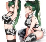  1girl animal_ears animal_print arm_behind_head arm_up armpits asymmetrical_bangs bangs bell bell_collar blush breasts cleavage collar cow_ears cow_horns cow_print earrings fire_emblem fire_emblem:_the_blazing_blade green_eyes green_hair halterneck high_ponytail highres horns jewelry large_breasts long_hair looking_at_viewer lyn_(fire_emblem) midriff multiple_views one_eye_closed ormille panties ponytail shorts simple_background sitting stretch tank_top thighhighs underwear white_background 