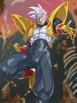  1boy absurdres baby_(dragon_ball) blue_eyes blurry blurry_background building clenched_hand covered_navel destruction dragon_ball dragon_ball_(classic) dragon_ball_gt evil_grin evil_smile facial_hair facial_mark floating gloves gradient gradient_sky grin highres male_focus muscular no_pupils open_hand pretty-purin720 rock sky smile solo tight white_hair yellow_footwear yellow_gloves 