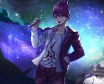  1boy :d artist_name bangs beard collarbone commentary_request cowboy_shot danganronpa_(series) danganronpa_v3:_killing_harmony facial_hair goatee hair_between_eyes hand_in_pocket holding holding_pipe jacket long_sleeves looking_at_viewer male_focus momota_kaito night open_clothes open_jacket open_mouth outdoors pants pink_eyes pink_hair pink_pants pipe print_shirt qosic shirt sky smile solo space_print spiked_hair star_(sky) starry_sky starry_sky_print upper_teeth 