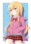  1girl absurdres ahoge bangs blonde_hair blue_background blue_eyes blush border bow bowtie collared_shirt commentary cowboy_shot drop_shadow eyebrows_visible_through_hair food_in_mouth gabriel_dropout hair_between_eyes hands_in_pockets highres hood hood_down hoodie long_hair long_sleeves outside_border pink_hoodie plaid plaid_skirt pontasu red_bow red_neckwear red_skirt school_uniform shirt simple_background skirt solo tenma_gabriel_white very_long_hair white_border white_shirt zipper zipper_pull_tab 