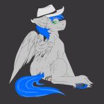  1:1 2019 black_background blue_mane blue_tail clothing cutie_mark equid equine fan_character feathered_wings feathers feral fetlocks fkk fur green_eyes hasbro hat headgear headwear hi_res hooves inner_ear_fluff male mammal mane my_little_pony pegasus quadruped rear_view record_melodie side_mouth simple_background sitting smile solo tuft underhoof watermark white_body white_feathers white_fur white_wings wings 
