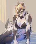  2020 anthro big_breasts bikini black_body black_fur black_nose blonde_hair blush breasts breath canid canine cheek_tuft cleavage clothed clothing facial_tuft female front_view fur hair hi_res kemono looking_at_viewer mammal multicolored_body multicolored_fur navel neck_tuft pupils sitting slit_pupils smile solo swimwear tetto tuft two_tone_body two_tone_fur white_body white_fur 