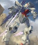  absurdres arm_cannon artist_name atsajh blue_eyes clenched_hand cloud commission g3-saviour gun gundam gundam_g-saviour highres holding holding_gun holding_weapon looking_up mecha no_humans skeb_commission sky solo thrusters v-fin weapon 