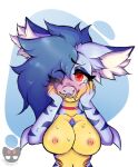  &lt;3 &lt;3_eyes anthro axela blue_hair breasts digimon digimon_(species) digital_media_(artwork) exposed_breasts female fish fur gabumon gills glistening glistening_body glistening_skin hair inner_ear_fluff looking_pleasured marine mokacchi multicolored_body nails nipples non-mammal_breasts nude red_eyes shark solo tuft yellow_body yellow_skin 