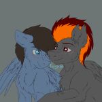  &lt;3 1:1 2019 black_body black_feathers black_wings blue_body blue_eyes blue_feathers blue_wings brown_eyes brown_mane chest_tuft duo equid equine explosive_pone fan_character feathered_wings feathers feral fkk fur grey_background hasbro hi_res inner_ear_fluff luckpirate male mammal mane multicolored_mane my_little_pony one_eye_closed orange_mane pegasus quadruped red_mane side_mouth simple_background smile tuft watermark white_body white_fur wings 