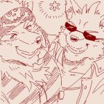  1:1 anthro bandanna canid canine canis clothing duo eyewear grin kerchief live-a-hero low_res male mammal muscular pattern_clothing pattern_shirt pattern_topwear pirate run_aki shirt smile striped_clothing striped_shirt striped_topwear stripes sunglasses tokyo_afterschool_summoners topwear video_games wolf wolf_villain_(live-a-hero) wood_pirate 