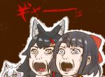  3girls ahoge animal_ear_fluff animal_ears aqua_eyes bangs black_hair blue_eyes bow bright_pupils brown_background commentary_request face fox_ears fox_girl hair_ornament hairclip hololive long_hair looking_ahead looking_at_viewer looking_away looking_to_the_side multicolored_hair multiple_girls nekoyama nose ookami_mio oozora_subaru open_mouth parody parody_request red_bow red_hair shirakami_fubuki short_hair simple_background sketch streaked_hair teeth translation_request two-tone_hair virtual_youtuber white_hair white_pupils wolf_ears wolf_girl yellow_eyes 