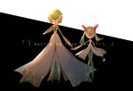  2girls bangs black_background bob_cut closed_eyes closed_mouth colored_skin commentary_request english_text flat_chest flower full_body gardevoir gen_3_pokemon green_hair green_skin hair_between_eyes half-closed_eyes hand_up happy highres holding holding_flower iogi_(iogi_k) kirlia long_hair looking_at_another looking_down looking_to_the_side multicolored multicolored_skin multiple_girls pokemon pokemon_(creature) red_eyes short_hair simple_background smile standing tears thigh_gap two-tone_background two-tone_skin white_background white_skin yellow_flower 