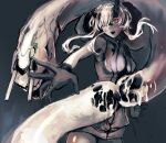  1girl abyssal_ship asymmetrical_horns bangs black_gloves breasts colored_skin gloves grey_background hagioshi heavy_cruiser_princess hood hood_down horns kantai_collection large_breasts open_mouth pale_skin red_eyes short_hair_with_long_locks simple_background sketch sleeveless tail teeth white_hair white_skin 