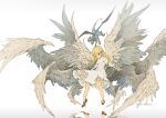  1girl artist_name bangs blonde_hair braid commentary_request demizu_posuka dress feathered_wings flying full_body gradient gradient_background grey_background hairband imp long_hair mary_janes multiple_wings no_socks original outstretched_arms reflection shoes solo twin_braids twintails white_dress white_hairband wings yellow_eyes 