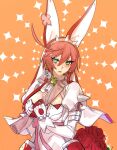  ahoge animal_ears bangs belt blush bracelet breasts bridal_veil bunny_ears cleavage cleavage_cutout clothing_cutout clover dress earrings elphelt_valentine english_commentary fake_animal_ears flower four-leaf_clover green_eyes guilty_gear guilty_gear_xrd hair_between_eyes highres jewelry open_mouth orange_background paper pink_hair ribbon roas01b rose signature simple_background sketch sparkle spiked_bracelet spikes star_(symbol) veil wedding_dress 