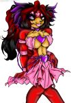  anthro black_hair breasts brown_body clothed clothing crystal-for-ever eulipotyphlan fur hair hedgehog hi_res mammal multicolored_hair open_mouth open_smile partially_clothed pink_eyes red_body red_fur red_hair simple_background smile teeth two_tone_hair white_background 