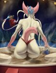  absurd_res ambiguous_gender anthro beverage big_butt blue_body blue_fur bodbloat butt christmas_lights cocoa_(drink) cup cyl_(bodbloat) eeveelution fur hi_res night nintendo pink_body pink_fur plant pok&eacute;mon pok&eacute;mon_(species) rear_view snow solo sylveon thick_thighs tree video_games white_body white_fur 