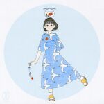  1girl animal_print awai880 bangs bird_print black_hair blue_background blue_dress blunt_bangs circle dress fish fishbowl holding object_on_head original print_dress sandals short_hair signature socks solo white_legwear yellow_footwear 