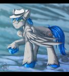  2019 black_bars blue_hooves clothing cutie_mark equid equine fan_character feathered_wings feathers feral fetlocks fkk fur green_eyes hasbro hat headgear headwear hi_res hooves inner_ear_fluff letterbox male mammal my_little_pony outside pegasus quadruped raised_hoof record_melodie signature solo standing tuft underhoof watermark white_body white_feathers white_fur white_wings wings 