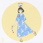  1girl animal_print awai880 bangs bird_print black_hair blue_dress blunt_bangs circle dress fish fishbowl holding object_on_head original print_dress sandals short_hair signature socks solo white_legwear yellow_background yellow_footwear 