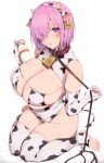  1girl :o absurdres animal_ears animal_print bell bell_collar blue_gk bottle breasts collar commentary_request cow_ears cow_horns cow_print cowbell ear_tag elbow_gloves eyebrows_visible_through_hair fake_animal_ears fate/grand_order fate_(series) fingerless_gloves full_body gloves hair_over_one_eye highres horns huge_breasts leash looking_at_viewer mash_kyrielight milk_bottle pink_hair purple_eyes red_collar short_hair simple_background sitting solo swimsuit thighhighs thighs white_background white_gloves white_legwear 