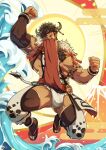  1boy abs animal_ears animal_print arm_tattoo arm_up armpits bara bare_pecs biceps blush body_hair brown_hair bulge chest_hair chinese_zodiac cow_boy cow_ears cow_horns cow_print cow_tail crotchless crotchless_pants cum cum_in_clothes cum_through_clothes detached_sleeves facial_hair full_body fundoshi goatee happy_new_year highres horns japanese_clothes jumping male_focus muscular muscular_male new_year nipple_piercing nipples original pectorals pelvic_curtain pelvic_curtain_lift piercing precum short_hair smile solo stomach tail tattoo thick_thighs thighs translation_request white_male_underwear year_of_the_ox zifuuuun 