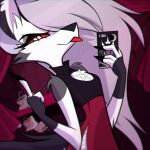  1:1 2020 anthro blep canid canid_demon demon female fur gesture hair hair_over_eye hellhound helluva_boss loona_(vivzmind) mammal middle_finger official_art one_eye_obstructed selfie solo tongue tongue_out vivzmind 