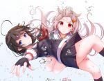  2girls ahoge artist_name baileys_(tranquillity650) black_gloves black_legwear black_ribbon black_serafuku black_skirt blonde_hair blue_eyes blush braid brown_hair closed_mouth fingerless_gloves gloves hair_flaps hair_ornament hair_ribbon hairclip highres kantai_collection kneehighs long_hair multiple_girls neckerchief parted_lips pleated_skirt red_eyes red_neckwear remodel_(kantai_collection) ribbon scarf school_uniform serafuku shigure_(kantai_collection) short_sleeves signature single_braid skirt smile twitter_username underwater white_scarf yuudachi_(kantai_collection) 