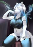  anthro arctic_fox blue_eyes blurred_background canid canine claws clothing crop_top female fox fur half-closed_eyes hand_on_chin highlights_(coloring) inner_ear_fluff jazzmine_nevermore legwear mammal narrowed_eyes nipple_outline panties shirt sitting solo tattoo thigh_highs topwear tuft underwear water wet wet_clothing zetsuboucchi 