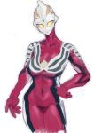  closed_mouth collarbone covered_collarbone covered_navel genderswap genderswap_(mtf) hand_on_hip nicholas_f no_pupils simple_background sketch ultra_series ultraman white_background yellow_eyes 