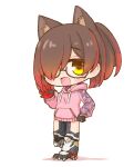  1girl android bangs blush brown_hair camouflage chibi clenched_hand gradient_hair hair_over_one_eye highres hololive hood hoodie mechanical_legs multicolored_hair nekoyama one_eye_covered open_hand open_mouth pink_hoodie red_hair roboco-san short_hair solo tied_hair virtual_youtuber waving yellow_eyes 