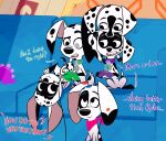  101_dalmatian_street 101_dalmatians bandanna black_spots blind_eye bodypaint canid canine canis chew_toy collar confusion controller d-pad_(whitewolf20xx) da_vinci_(101_dalmatians) dalmatian dee_dee_(101_dalmatians) dialogue disney dizzy_(101_dalmatians) domestic_dog english_text fan_character female feral fur furniture game_controller gaming group hand_on_head hi_res kerchief looking_at_another looking_up lying male mammal nintendo nintendo_64 nintendo_controller offscreen_character on_back open_mouth playing_videogame sitting smile sofa spots text upside_down video_games white_body white_fur whitewolf20xx 