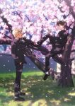  2boys amuro_tooru bangs black_jacket black_pants blonde_hair blue_eyes book brown_footwear brown_hair cherry_blossoms commentary_request dappled_sunlight day eye_contact falling_petals flower from_side full_body gakuran grass hair_between_eyes hand_in_pocket hand_up holding holding_book in_tree jacket k_(gear_labo) knees_up kudou_shin&#039;ichi long_sleeves looking_at_another male_focus meitantei_conan multiple_boys open_book outdoors pants petals pink_flower school_uniform shoes short_hair sitting sitting_in_tree socks spring_(season) standing sunlight tree what_if white_legwear 