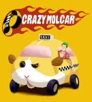  1boy axel_(crazy_taxi) bracelet commentary crazy_taxi crossover faceless faceless_male green_hair grin hawaiian_shirt jewelry logo_parody male_focus necklace nigou parody potato_(pui_pui_molcar) pui_pui_molcar shirt simple_background smile yellow_background 